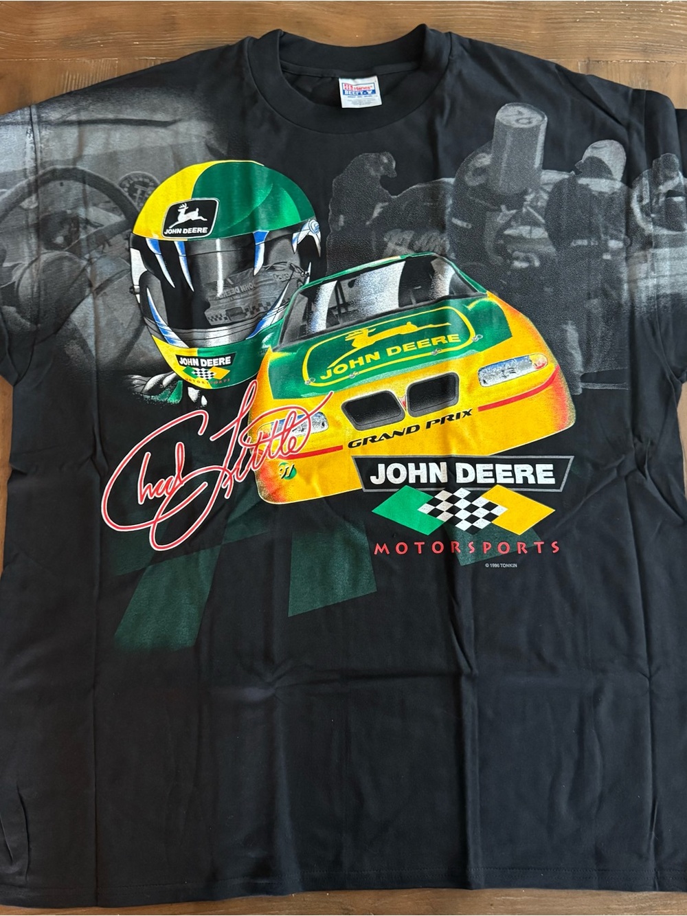 Vintage 1996 John Deere Men's Black Graphic Motorsports T-Shirt Rare